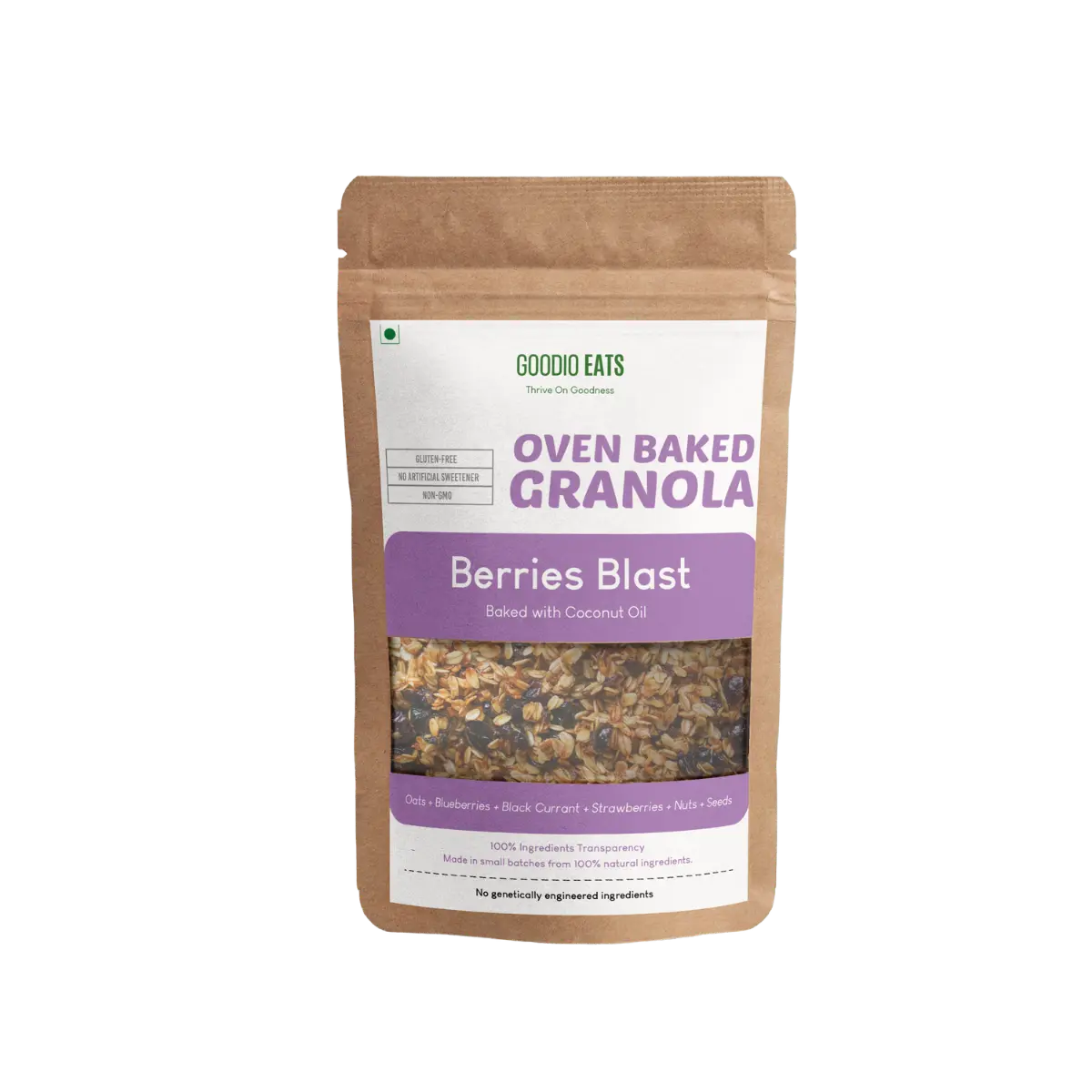 Berries Blast Granola with oats, blueberries, cranberries, and black currants.