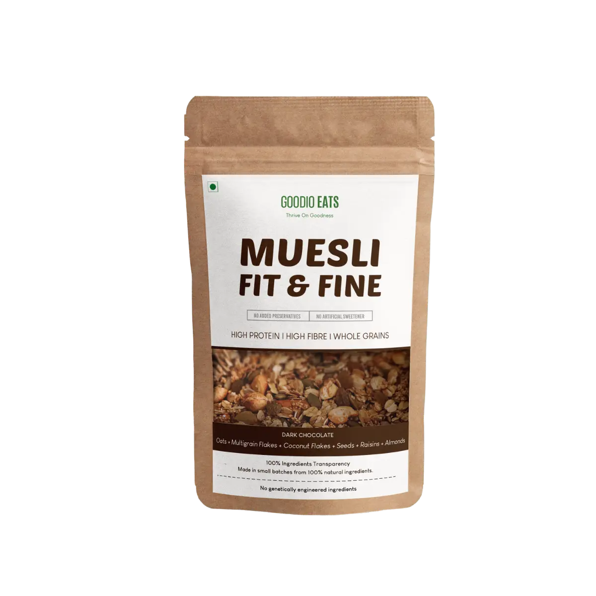 Fit & Fine Dark Chocolate Muesli packaging from Goodio Eats