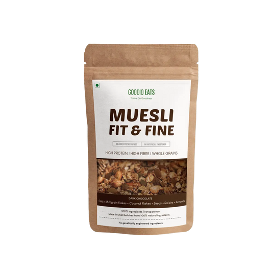 Fit & Fine Dark Chocolate Muesli packaging from Goodio Eats